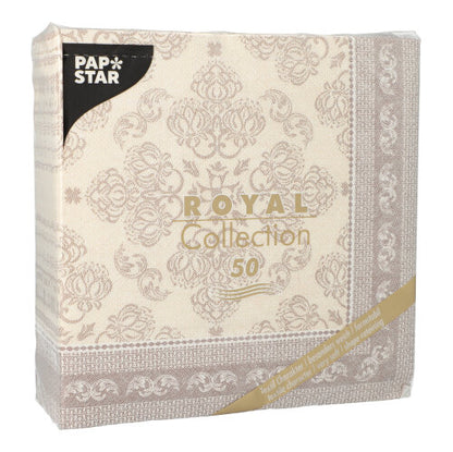 Die PAPSTAR GmbH 50 Servietten "ROYAL Collection" 1/4-Falz in mocca ist beige und hellbraun gemustert, hat eine goldfarbene Schrift und wird in einer 40 x 40 cm großen Verpackung geliefert.