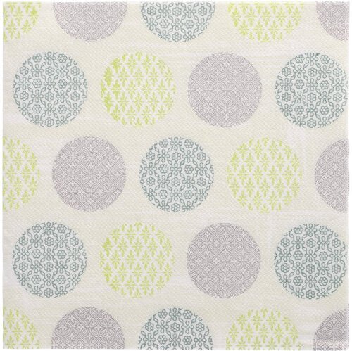 PAPSTAR 50 servítok "ROYAL Collection" 1/4-sklad 40 x 40 cm zelená od PAPSTAR GmbH sa vyznačujú vzorovaným povrchom s rovnomerne rozloženými kruhmi v sivej, modrej a zelenej na bielej, každý vyplnený jemnými geometrickými alebo kvetinovými vzormi.