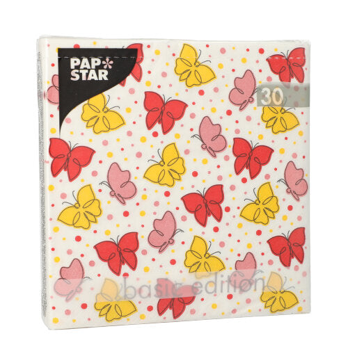 Balík 30 obrúskov spoločnosti PAPSTAR GmbH, 3-vrstvové, 1/4-zloženie, 33x33 cm s motívom motýľov v červenej, žltej a ružovej na bielej s farebnými bodkami. Každý balík obsahuje 30 obrúskov Basic Edition.