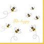 Illustration von sechs Comic-Bienen mit gepunkteten Flugbahnen und „Bee happy“ in gelber Schrift auf weißem Grund, gelb umrandet – ideal für PAPSTAR 30 Servietten, 3-lagig 1/4-Falz (33x33 cm) der PAPSTAR GmbH.