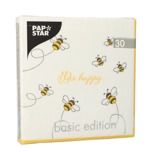 Zobrazené je balenie PAPSTAR 30 obrúskov, 3-vrstvové (33x33 cm, 1/4-sklad) od PAPSTAR GmbH, s komiksovými včelami, „Bee happy“ v žltom písme a „Basic Edition“ na spodnom okraji.