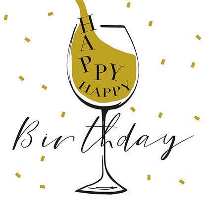 Pohár na víno naplnený zlatou tekutinou, vo vnútri „HAPPY“ a pod ním v písanej forme „Birthday“. Zlaté konfety rozptýlené na bielom – dokonale kombinovateľné s 30 obrúskami, 3-vrstvové 1/4-zloženie (33x33 cm) spoločnosti PAPSTAR GmbH pre oslavy.