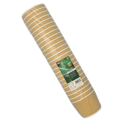 Zrolovaný stoh s 25 kusmi PAPSTAR Kruhlé polievkové šálky, 11 cm, hnedé/biele, Ripple Wall (PAPSTAR GmbH), zabalené v priehľadnej fólii so zeleno-bielou etiketou.