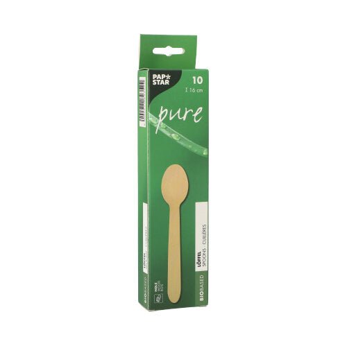 Zelená krabica s nápisom „PAPSTAR 10 lyžíc, drevo „pure“ od PAPSTAR GmbH obsahuje 10 ekologických jednorazových drevených lyžíc (16 cm), ktoré sú na prednej strane opatrené obrázkom lyžice a symbolmi biologickej rozložiteľnosti.