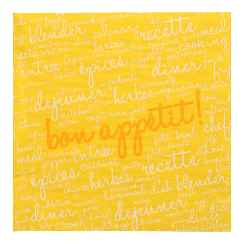 20 PAPSTAR servítok (40 x 40 cm, 3-vrstvové, 1/4 záhyb) od PAPSTAR GmbH má žltý dizajn s francúzskymi a anglickými kulinárskymi slovami v bielej a „bon appétit“ v oranžovej – ideálne na pridanie šarmu vášmu stolu.