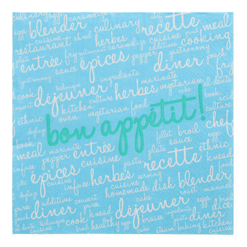 20 servítok (40 x 40 cm, 3-vrstvové, 1/4 záhyb) od PAPSTAR GmbH pozostáva z modrých servítok s francúzskymi a anglickými kulinárskymi slovami v bielej a zelenej – kombinácia štýlového dizajnu a vysokej kvality pre elegantný stôl.