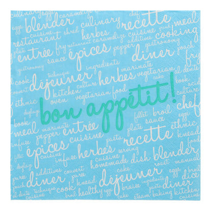 20 servítok (40 x 40 cm, 3-vrstvové, 1/4 záhyb) od PAPSTAR GmbH pozostáva z modrých servítok s francúzskymi a anglickými kulinárskymi slovami v bielej a zelenej – kombinácia štýlového dizajnu a vysokej kvality pre elegantný stôl.