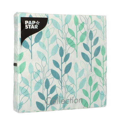 Zapečatené balenie od PAPSTAR GmbH 20 servítok, modré, 3-vrstvové, 33 x 33 cm, 1/4-zloženie, s "Collection" na prednej strane.