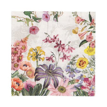 20 obrúskov PAPSTAR, 33x33 cm, 3-vrstvové, 1/4-skladanie (Design Set 4) od PAPSTAR GmbH ukazujú farebný kvetinový vzor s ružovými, žltými, fialovými a oranžovými kvetmi na bielom pozadí.