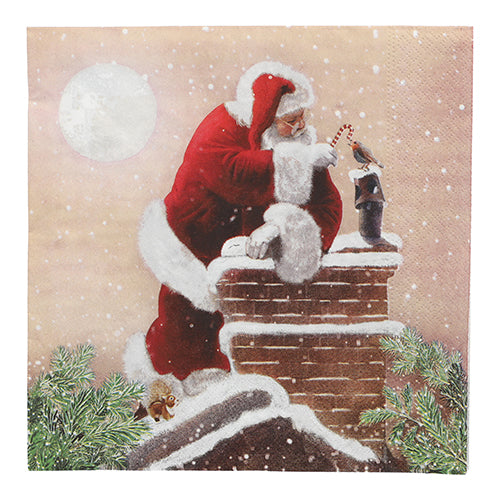 Santa Claus v červenom stojí s cukrovou paličkou na zasneženej streche vedľa vtáka a komína, orámovaný vetvami jedle. Ideálny vianočný motív pre PAPSTAR 20 servítok, 40 cm x 40 cm, 3-vrstvové, 1/4-sklad od PAPSTAR GmbH.