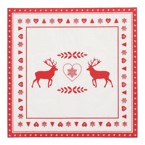 PAPSTAR 20 servítok, 40 cm x 40 cm, 3-vrstvové od PAPSTAR GmbH s červeným a bielym dizajnom: dve soby, srdce so snehovou vločkou a slávnostným okrajovým vzorom zo sŕdc, snehových vločiek a stromov.