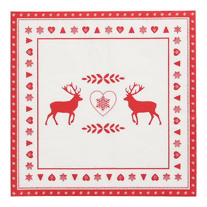 PAPSTAR 20 servítok, 40 cm x 40 cm, 3-vrstvové od PAPSTAR GmbH s červeným a bielym dizajnom: dve soby, srdce so snehovou vločkou a slávnostným okrajovým vzorom zo sŕdc, snehových vločiek a stromov.