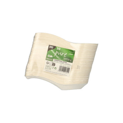 Balenie 50 kusov PAPSTAR lyžíc na fingerfood z cukrovej trstiny "pure" (14,5 cm, ázijský dizajn) od PAPSTAR GmbH, naskladané a zabalené v zmršťovacej fólii so zeleno-bielym eko-štítkom, ktorý poukazuje na ich biologickú odbúrateľnosť.