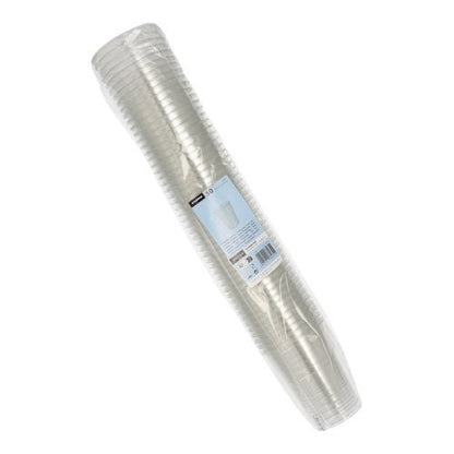 Stoh 50 pohárov Starpak R-PET priehľadných, zabalených v priehľadnom plaste s etiketou a čiarovým kódom na prednej strane, perfektné na ekologické servírovanie nápojov.
