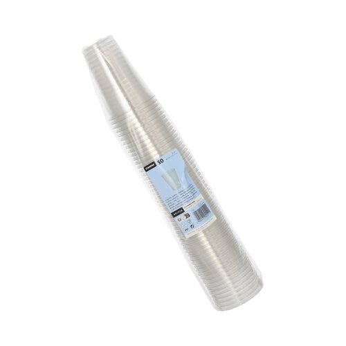 Stoh Starpak 50 pohárov R-PET priehľadných v priehľadnej fólii s modro-bielou etiketou - ekologické, priehľadné a perfektné na každú príležitosť.