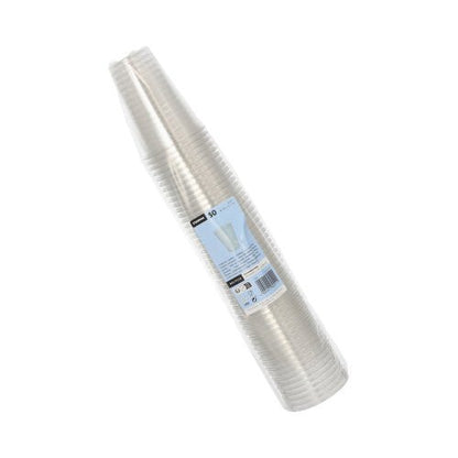 Stoh Starpak 50 pohárov R-PET priehľadných v priehľadnej fólii s modro-bielou etiketou - ekologické, priehľadné a perfektné na každú príležitosť.