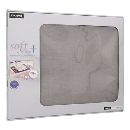 Eine Schachtel PAPSTAR 100 Tischsets „soft selection plus“ der PAPSTAR GmbH enthält stoffähnliche Vliesservietten im Format 30 x 40 cm – ideal als Tischset. Die graue Verpackung verfügt über ein transparentes Sichtfenster, durch das der Inhalt sichtbar ist.