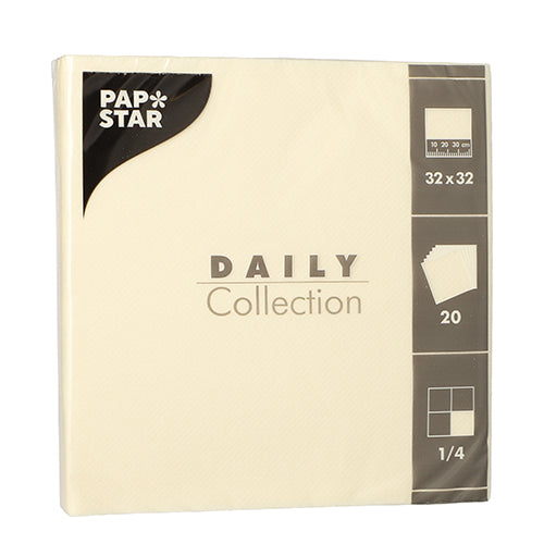 PAPSTAR 20 servítok "DAILY Collection", krémové, 32x32 cm, 1/4-zloženie od PAPSTAR GmbH – ideálne pre stolovú dekoráciu; balenie obsahuje 20 servítok, štvrťzloženie a branding.