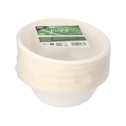 Stoh z 25 PAPSTAR misiek z cukrovej trstiny „pure“, Ø 17 cm, biologicky odbúrateľné, je zabalený v plaste. Zeleno-biela etiketa PAPSTAR GmbH hore ukazuje informácie o produkte a symboly.