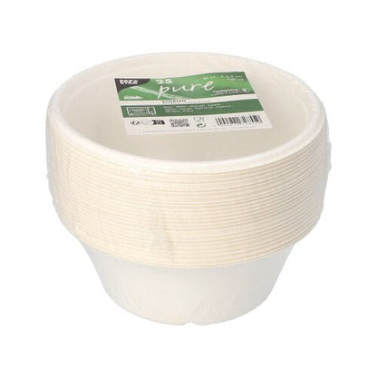 Stoh PAPSTAR 25 misiek z cukrovej trstiny „pure“, Ø 17cm, so zeleno-bielou etiketou; biologicky odbúrateľné, udržateľné a ekologické – od PAPSTAR GmbH.
