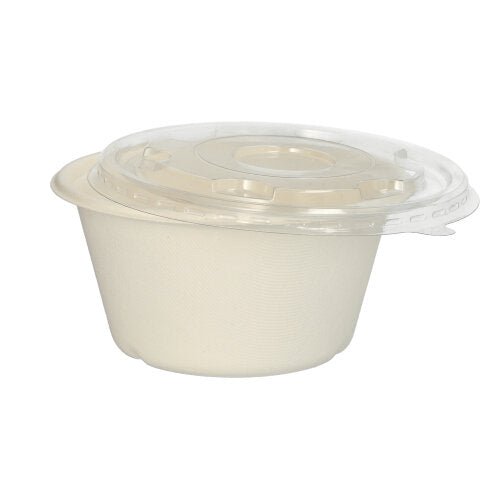 PAPSTAR 25 misiek z cukrovej trstiny „pure“, Ø 17 cm od PAPSTAR GmbH, biologicky odbúrateľné, sú bezpečne uzavreté priehľadným plastovým vekom a prezentované na bielom pozadí.