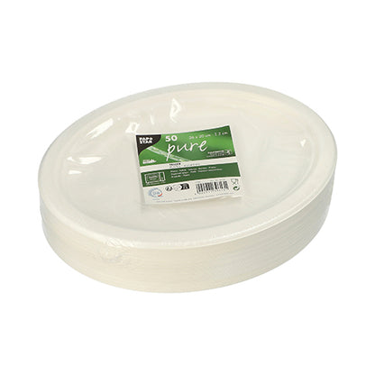 Stoh bielych, oválnych jednorazových tanierov PAPSTAR 50 tanierov, cukrová trstina „pure“ od PAPSTAR GmbH, zabalený vo fólii so zeleno-bielou etiketou.