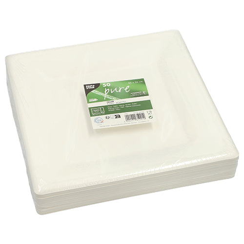 Stoh PAPSTAR 50 tanierov z cukrovej trstiny „pure“, udržateľný a kompostovateľný, od PAPSTAR GmbH, zabalený v plaste. Zeleno-biela etiketa hore zobrazuje informácie o produkte a číslo 50.