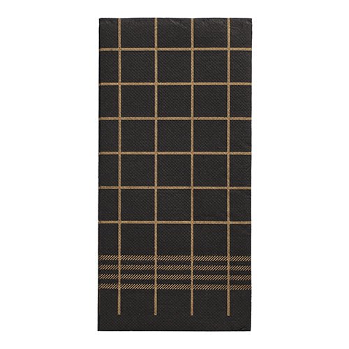 30 servítok „PUNTO“, dvojvrstvové, s 1/8-násobným preložením, čierne so zlatým mriežkovým vzorom a stuhou (39 × 40 cm) od PAPSTAR GmbH sú súčasťou kolekcie vysokokvalitných servítok a majú mikroreliéf v štýle kuchynských utierok.