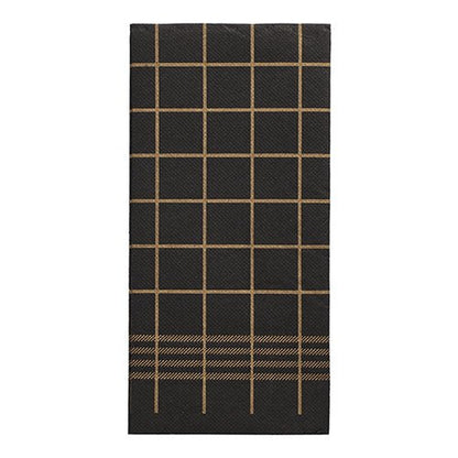 30 servítok „PUNTO“, dvojvrstvové, s 1/8-násobným preložením, čierne so zlatým mriežkovým vzorom a stuhou (39 × 40 cm) od PAPSTAR GmbH sú súčasťou kolekcie vysokokvalitných servítok a majú mikroreliéf v štýle kuchynských utierok.