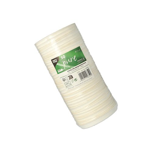 Stoh 50 PAPSTAR „pure“ bielych krytov na dresingové misky z cukrovej trstiny od PAPSTAR GmbH, v plastovom obale so zeleno-bielym štítkom s informáciami o produkte a recyklačnými symbolmi.