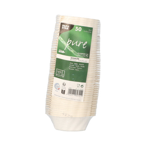 Stoh 50 PAPSTAR misiek na fingerfood z cukrovej trstiny, biela, 3x9,5x6 cm „Wave“ od PAPSTAR GmbH, zabalený v plastovej fólii s informáciami o produkte a symbolmi recyklácie, ako náznak udržateľných obalov na fingerfood.