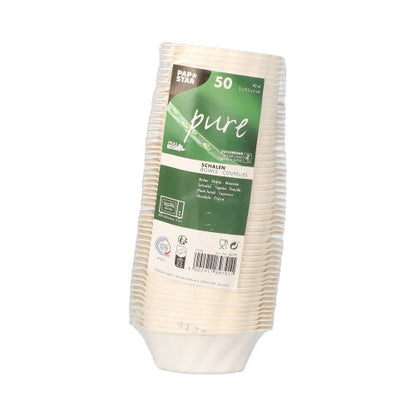 Stoh 50 PAPSTAR misiek na fingerfood z cukrovej trstiny, biela, 3x9,5x6 cm „Wave“ od PAPSTAR GmbH, zabalený v plastovej fólii s informáciami o produkte a symbolmi recyklácie, ako náznak udržateľných obalov na fingerfood.