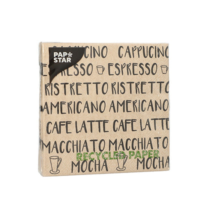 PAPSTAR 20 obrúskov, 25x25 cm, trojvrstvové, s kávovými motívmi ako Cappuccino a Espresso v čiernej – ideálne pre štýlovú stolovú dekoráciu. Značka: PAPSTAR GmbH.