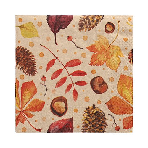 Tá PAPSTAR Uteráky GmbH 20 majú rozmery 33 × 33 cm, sú trojvrstvové a zložené do štvrtiny, s jesenným motívom šišiek, žaludov, gaštanov, červených bobúľ a oranžovo-žltých listov na béžovom pozadí so žltými bodkami.