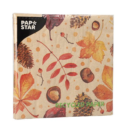 Jedno balenie PAPSTAR 20 servítok, 33 × 33 cm, 3-vrstvové, prírodnej farby, s motívom jesenného listu a žalúda. S čiernou etiketou „PAP STAR“ v ľavom hornom rohu obalu. Od PAPSTAR GmbH. Vyrobené z recyklovaného papiera.