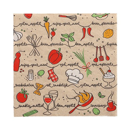 Tá PAPSTAR 20 servítok (33 × 33 cm, 3-vrstvové, zložené na štvrtinu, prírodná farba) z PAPSTAR Produkty spoločnosti GmbH sú zdobené farebnými ilustráciami jedál a kuchyne a veselými nápismi, ako napríklad „Dobrú chuť“ a „Dobrú chuť“.