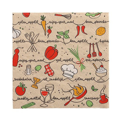 Tá PAPSTAR 20 servítok (33 × 33 cm, 3-vrstvové, zložené na štvrtinu, prírodná farba) z PAPSTAR Produkty spoločnosti GmbH sú zdobené farebnými ilustráciami jedál a kuchyne a veselými nápismi, ako napríklad „Dobrú chuť“ a „Dobrú chuť“.