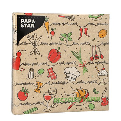 PAPSTAR GmbH 20 servítok, 33 × 33 cm, 3-vrstvové, 1/4-preložené, prírodná farba: Štýlové servítky z recyklovaného papiera s ručne kreslenými ilustráciami jedál a nápisom „Enjoy your meal“ v mnohých jazykoch na hnedom pozadí – ideálne pre prírodné kulinárske zážitky.