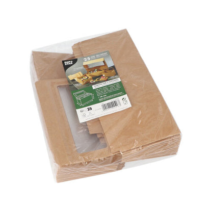 Balenie s 25 štvorcovými krabicami na cupcakes (10 cm) s PLA okienkom od PAPSTAR GmbH, zabalené v plaste, s horným štítkom s zostavenými krabicami, produktovými detailmi a recyklačnými symbolmi.