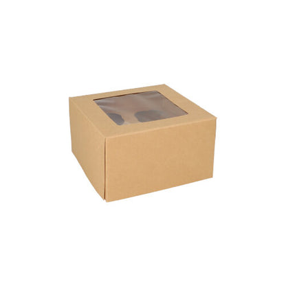 Štvorcová krabica na 25 cupcakes (10 cm) s PLA okienkom od PAPSTAR GmbH je biologicky odbúrateľná a je prezentovaná na bielom pozadí.