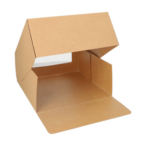 Eine PAPSTAR 25 Tortenkartons mit Deckel eckig mit Sichtfenster aus PLA der PAPSTAR GmbH, geöffnet gezeigt, um ihr Inneres und ihre Struktur vor einem weißen Hintergrund zu zeigen.