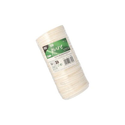 Balenie s 50 bielymi PAPSTAR „pure“ krytmi na dresingové misky z udržateľnej cukrovej trstiny. Kryty sú naskladané a zabalené v priehľadnej fólii so zeleno-bielym štítkom. Značka: PAPSTAR GmbH.