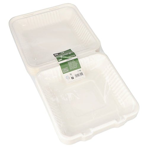 Stoh PAPSTAR 25 menu boxov z bielej, udržateľnej cukrovej trstiny, hygienicky zabalený vo fólii a so zelenou etiketou – ideálne pre catering na odnosenie; kvalitný produkt od PAPSTAR GmbH.