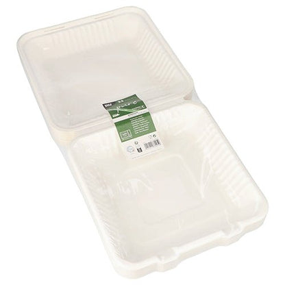 Stoh PAPSTAR 25 menu boxov z bielej, udržateľnej cukrovej trstiny, hygienicky zabalený vo fólii a so zelenou etiketou – ideálne pre catering na odnosenie; kvalitný produkt od PAPSTAR GmbH.