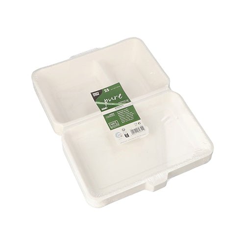 Biela, obdĺžniková PAPSTAR GmbH menu box z cukrovej trstiny „pure“ je otvorená a ukazuje zelený „pure“ štítok s informáciami o produkte. Produkt: PAPSTAR 25 menu boxov, cukrová trstina „pure“ biela.