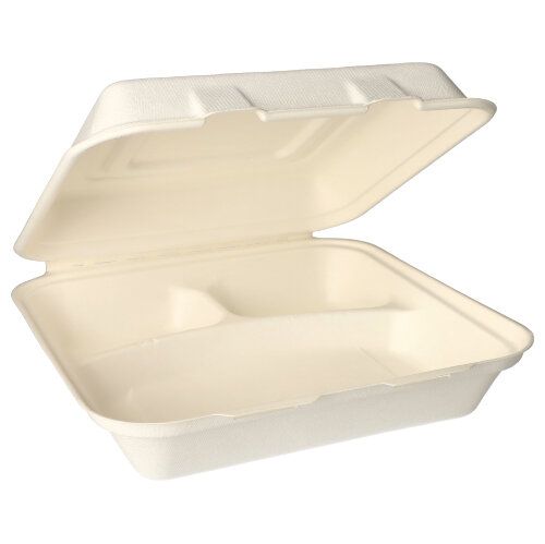 PAPSTAR 25 menu boxov z bielej cukrovej trstiny od PAPSTAR GmbH sú obdĺžnikové, kompostovateľné nádoby na jedlo so sebou s otvoreným vekom a prázdnym, rozdeleným vnútorným priestorom – perfektné pre ekologické jedlo so sebou a catering.