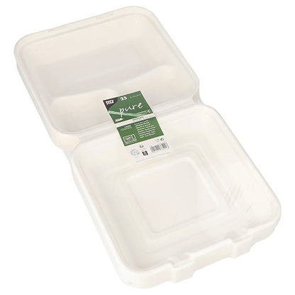 Otvorený, biely, štvorcový PAPSTAR 25 menu boxov cukrová trstina „pure“ biele nádoby na jedlo so sebou od PAPSTAR GmbH s vnútornou zelenou etiketou zobrazujúcou informácie o produkte.