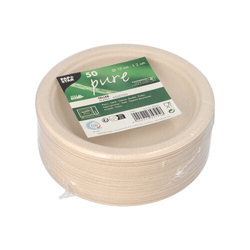 PAPSTAR 50 tanierov, cukrová trstina "pure" od PAPSTAR GmbH: 15 cm veľké, udržateľné jednorazové taniere z cukrovej trstiny, ekologicky zabalené v plaste so zeleno-bielou etiketou - súčasť uvedomelej produktovej línie.