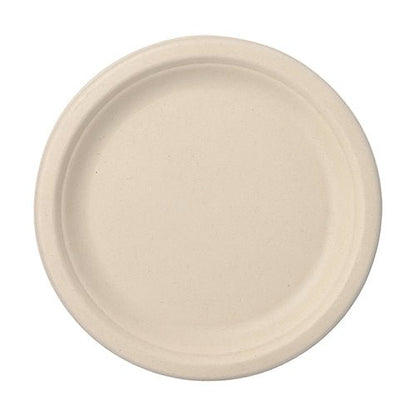 PAPSTAR 50 tanier, cukrová trstina "pure" od PAPSTAR GmbH je jednoduchý, okrúhly béžový tanier s mierne zvýšeným okrajom, zobrazený zhora na bielom pozadí.