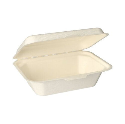 Na bielom pozadí je vidieť otvorený, prázdny PAPSTAR 25 menu boxov cukrová trstina „pure“ biele od PAPSTAR GmbH – ekologická, obdĺžniková, otvárateľná nádoba na jedlo so sebou, ideálna pre udržateľný catering.